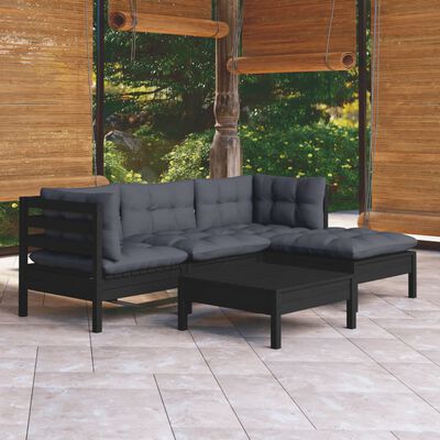 vidaXL 5 Piece Garden Lounge Set with Cushions Black Pinewood