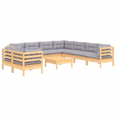 vidaXL 10 Piece Garden Lounge Set with Grey Cushions Solid Pinewood