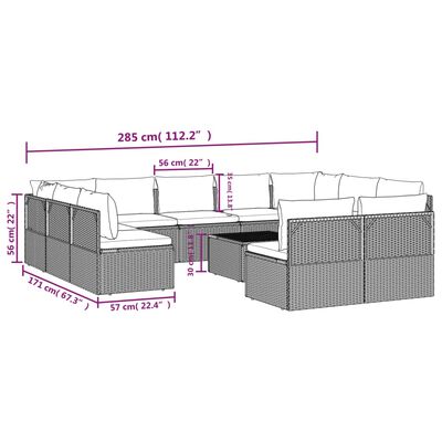 vidaXL 12 Piece Garden Lounge Set with Cushions Grey Poly Rattan