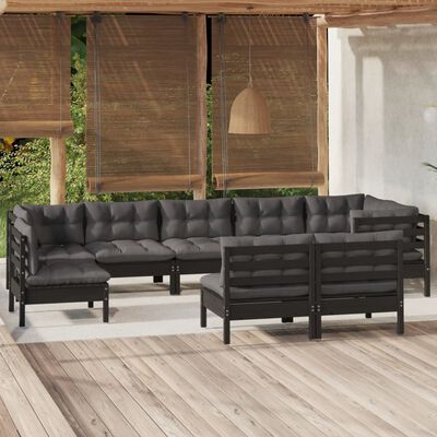 vidaXL 9 Piece Garden Lounge Set with Cushions Black Solid Pinewood