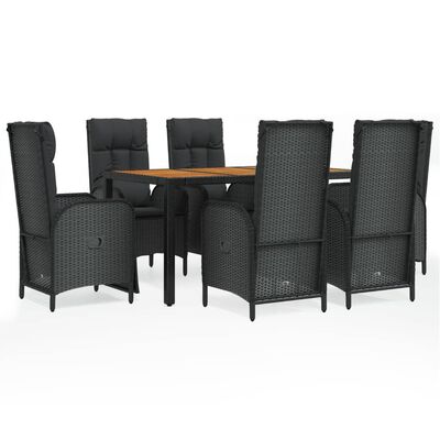 vidaXL 7 Piece Garden Dining Set with Cushions Black Poly Rattan