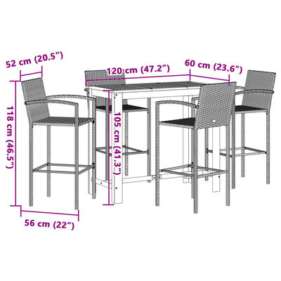 vidaXL 5 Piece Garden Bar Set Grey Solid Wood Acacia and Poly Rattan