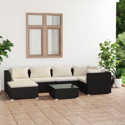 vidaXL 7 Piece Garden Lounge Set with Cushions Poly Rattan Black