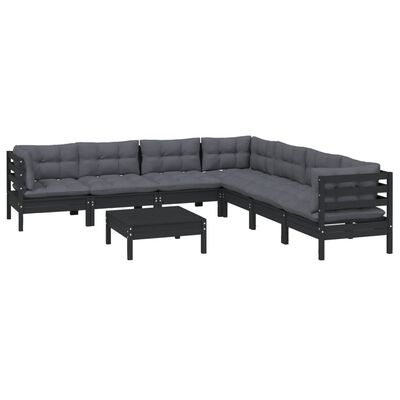 vidaXL 8 Piece Garden Lounge Set with Cushions Black Solid Pinewood