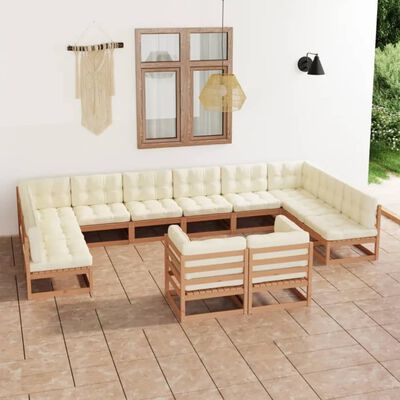 vidaXL 12 Piece Garden Lounge Set&Cushions Honey Brown Solid Pinewood