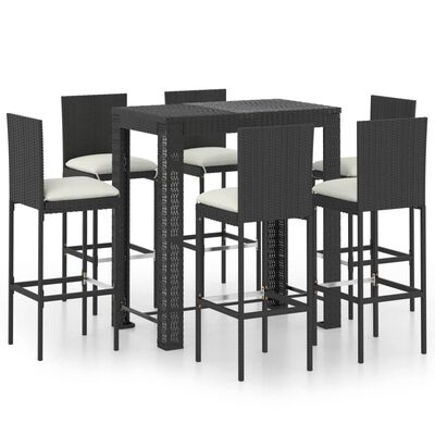 vidaXL 7 Piece Outdoor Bar Set with Cushions Poly Rattan Black