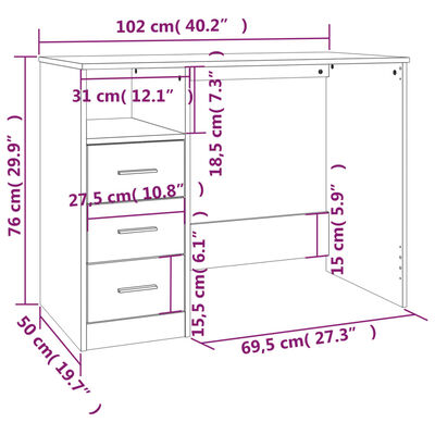 vidaXL Desk with Drawers Sonoma Oak 102x50x76 cm Engineered Wood