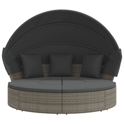 vidaXL Outdoor Lounge Bed with Canopy and Cushions Grey Poly Rattan