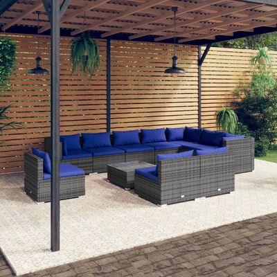 vidaXL 11 Piece Garden Lounge Set with Cushions Poly Rattan Grey