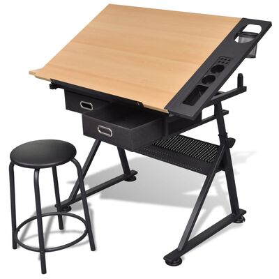 vidaXL Two Drawers Tiltable Tabletop Drawing Table with Stool