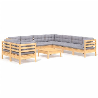 vidaXL 10 Piece Garden Lounge Set with Grey Cushions Solid Pinewood