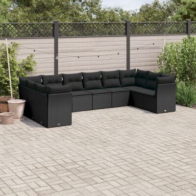 vidaXL 10 Piece Garden Sofa Set with Cushions Black Poly Rattan