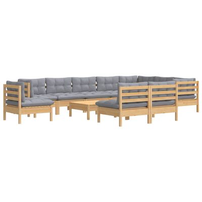 vidaXL 11 Piece Garden Lounge Set with Grey Cushions Solid Pinewood