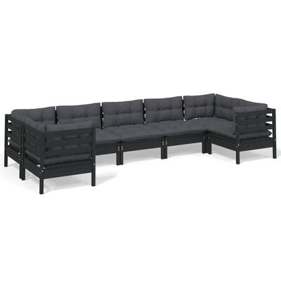 vidaXL 7 Piece Garden Lounge Set with Cushions Black Pinewood