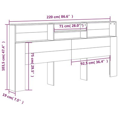 vidaXL Headboard Cabinet High Gloss White 220x19x103.5 cm