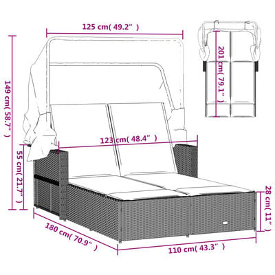 vidaXL Double Sun Lounger with Canopy and Cushions Mix Beige Poly Rattan