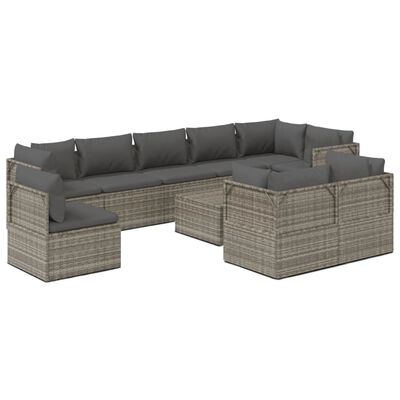 vidaXL 10 Piece Garden Lounge Set with Cushions Grey Poly Rattan