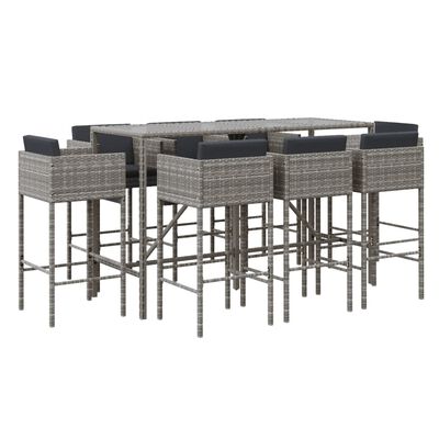 vidaXL 9 Piece Garden Bar Set with Cushions Grey Poly Rattan