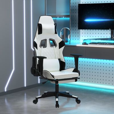 vidaXL Massage Gaming Chair with Footrest White&Black Faux Leather