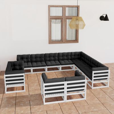 vidaXL 12 Piece Garden Lounge Set with Cushions White Solid Pinewood