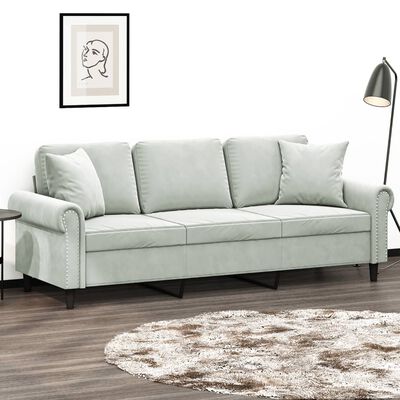 vidaXL 3-Seater Sofa with Throw Pillows Light Grey 180 cm Velvet