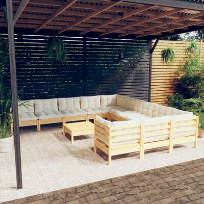 vidaXL 12 Piece Garden Lounge Set with Cream Cushions Pinewood