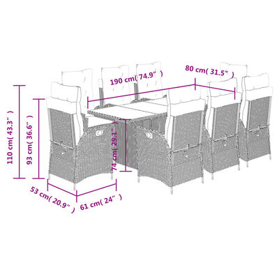 vidaXL 9 Piece Garden Dining Set with Cushions Grey Poly Rattan