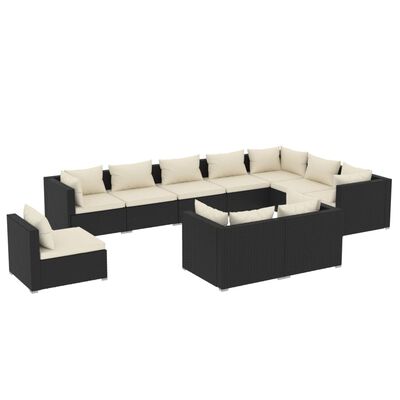 vidaXL 10 Piece Garden Lounge Set with Cushions Poly Rattan Black