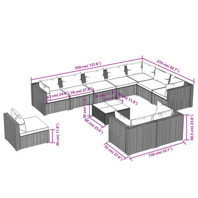 vidaXL 11 Piece Garden Lounge Set with Cushions Poly Rattan Grey