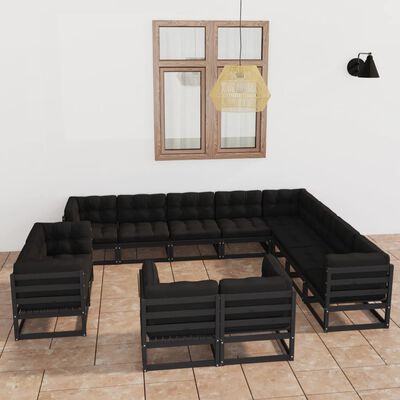 vidaXL 12 Piece Garden Lounge Set with Cushions Black Solid Pinewood