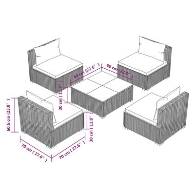 vidaXL 5 Piece Garden Lounge Set with Cushions Poly Rattan Grey