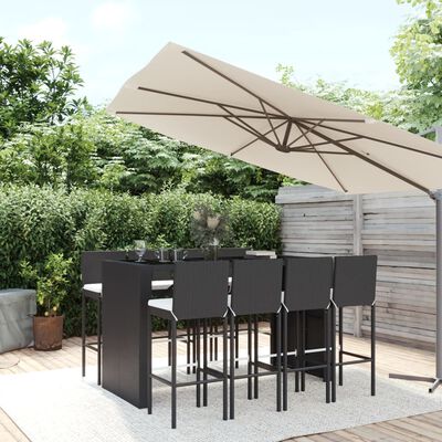 vidaXL 9 Piece Garden Bar Set with Cushions Black Poly Rattan