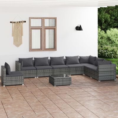 vidaXL 9 Piece Garden Lounge Set with Cushions Poly Rattan Grey