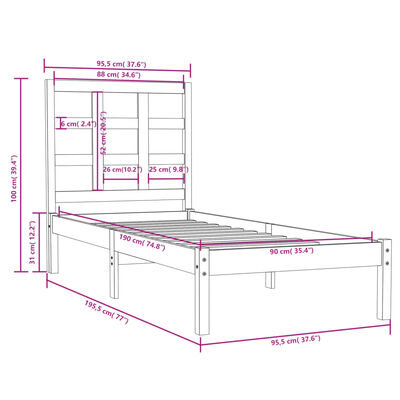 vidaXL Bed Frame without Mattress Black 90x190 cm Single Solid Wood