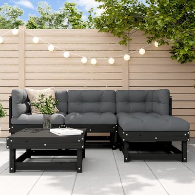 vidaXL 5 Piece Garden Lounge Set with Cushions Black Solid Wood