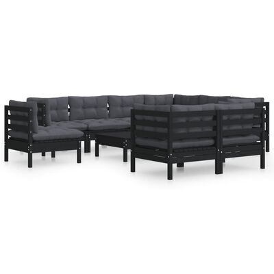 vidaXL 10 Piece Garden Lounge Set with Cushions Black Solid Pinewood