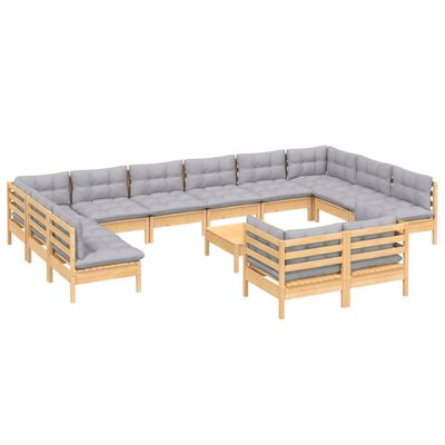 vidaXL 13 Piece Garden Lounge Set with Grey Cushions Pinewood