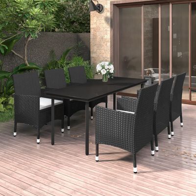 vidaXL 7 Piece Garden Dining Set with Cushions Poly Rattan and Glass