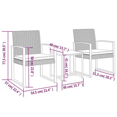 vidaXL 3 piece Garden Dining Set with Cushions Black PP Rattan