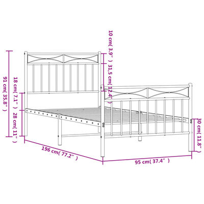 vidaXL Metal Bed Frame without Mattress with Footboard Black 90x190 cm Single