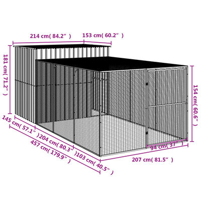 vidaXL Dog House with Run Light Grey 214x457x181 cm Galvanised Steel