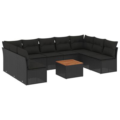 vidaXL 10 Piece Garden Sofa Set with Cushions Black Poly Rattan