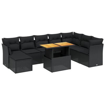 vidaXL 9 Piece Garden Sofa Set with Cushions Black Poly Rattan