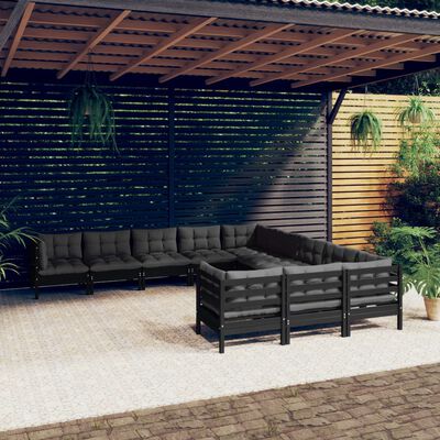 vidaXL 11 Piece Garden Lounge Set with Cushions Black Pinewood