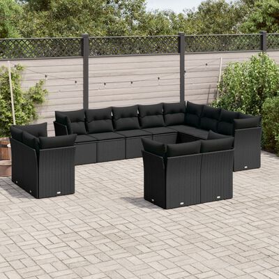 vidaXL 12 Piece Garden Sofa Set with Cushions Black Poly Rattan