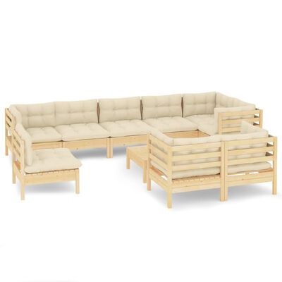 vidaXL 10 Piece Garden Lounge Set with Cream Cushions Solid Pinewood