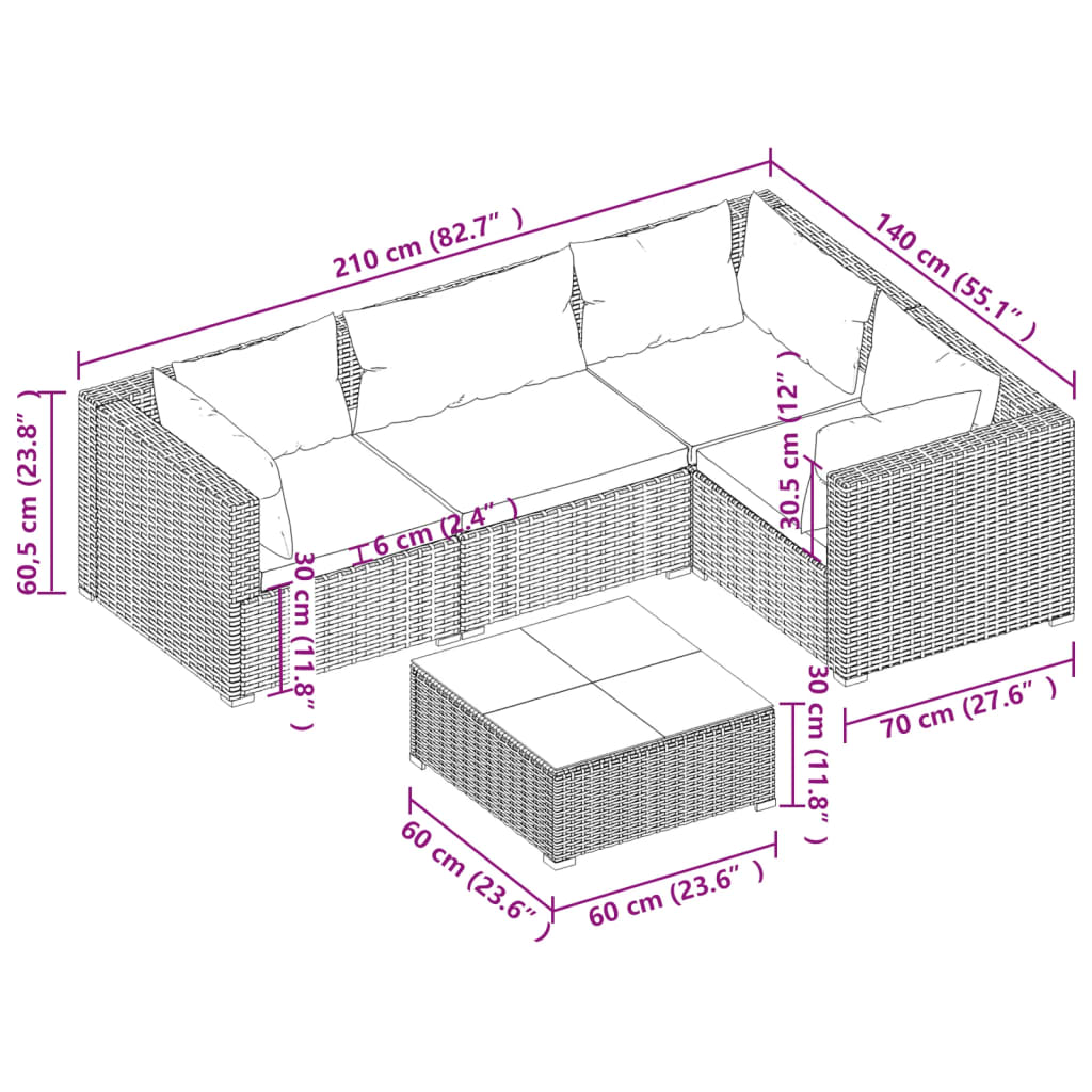 vidaXL 5 Piece Garden Lounge Set with Cushions Poly Rattan Grey