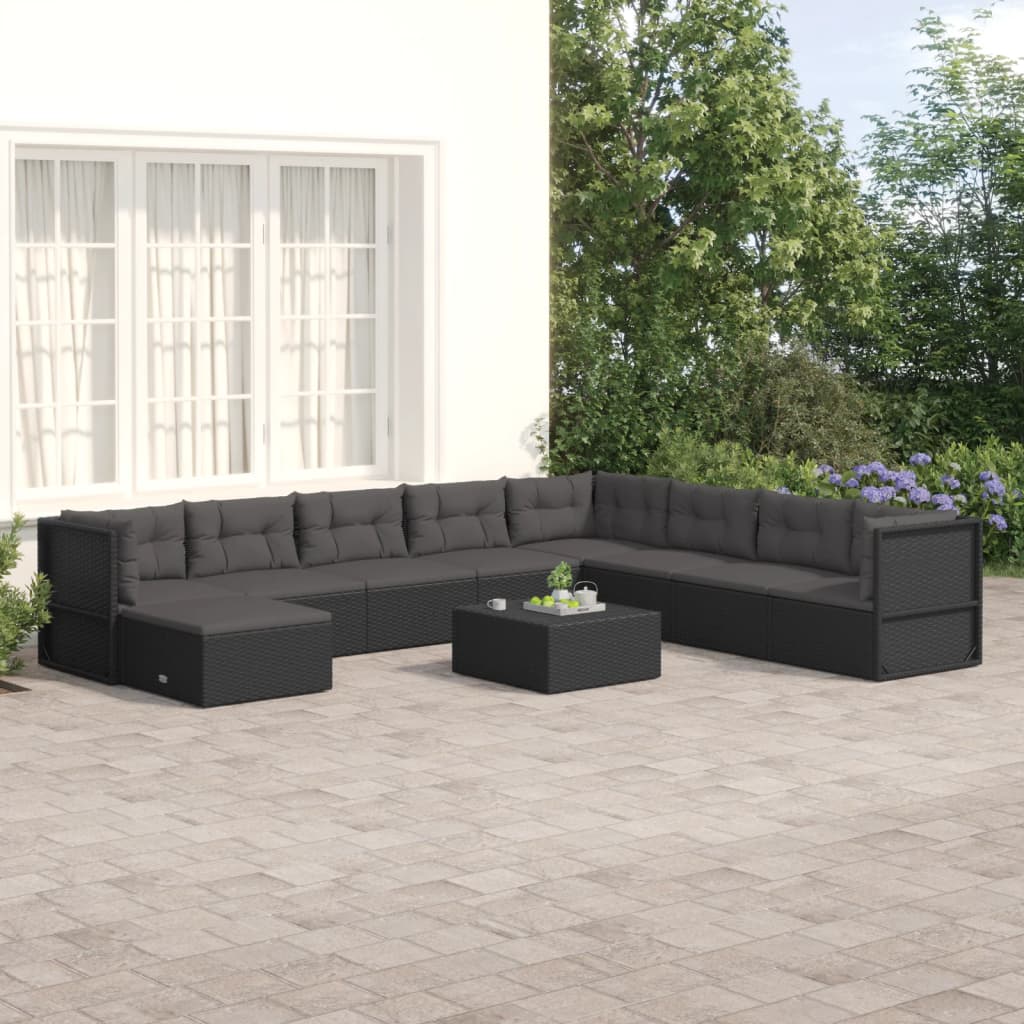 vidaXL 9 Piece Garden Lounge Set with Cushions Black Poly Rattan