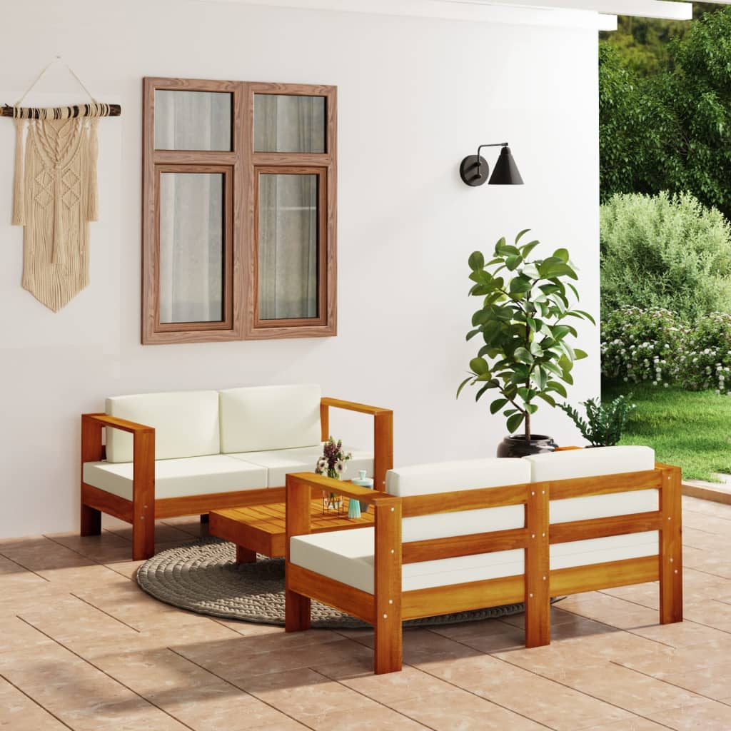 vidaXL 3 Piece Garden Lounge Set with Cream White Cushions Solid Wood