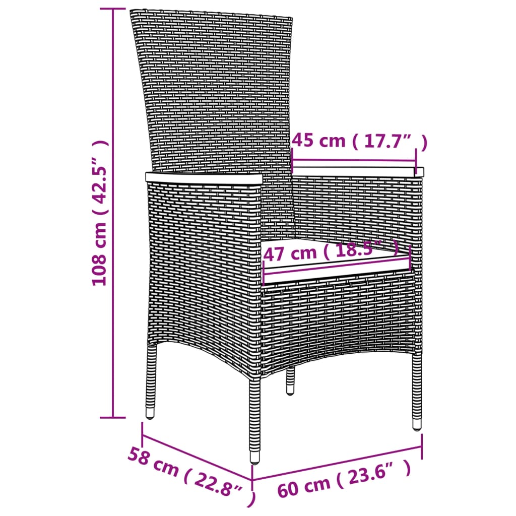 vidaXL 3 Piece Garden Lounge Set Black Poly Rattan&Steel